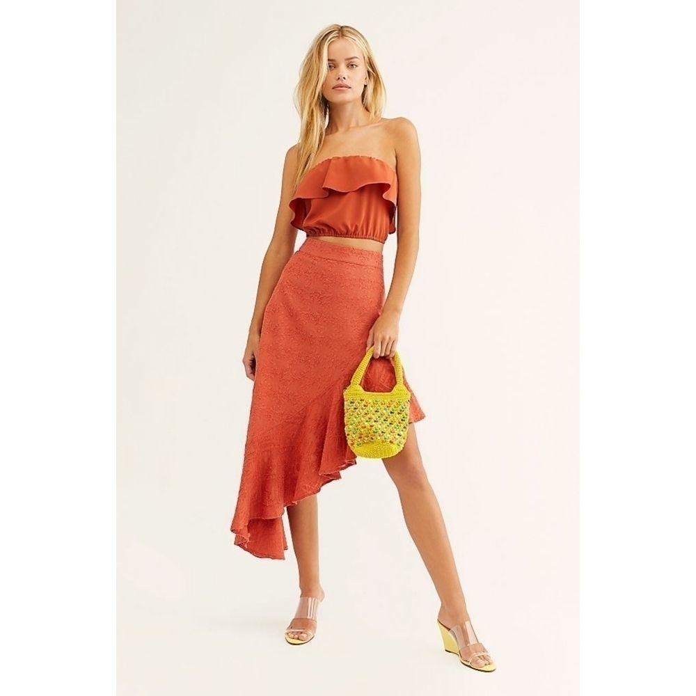 Free People Serena Asymmetrical Ruffle Midi Skirt 100% Cotton Orange sz 8 NEW